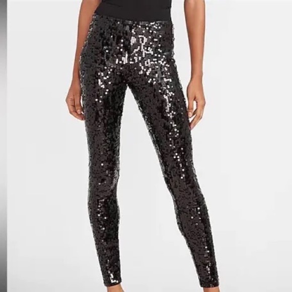 Express Black Sequin High Waisted Leggings - Picture 1 of 5
